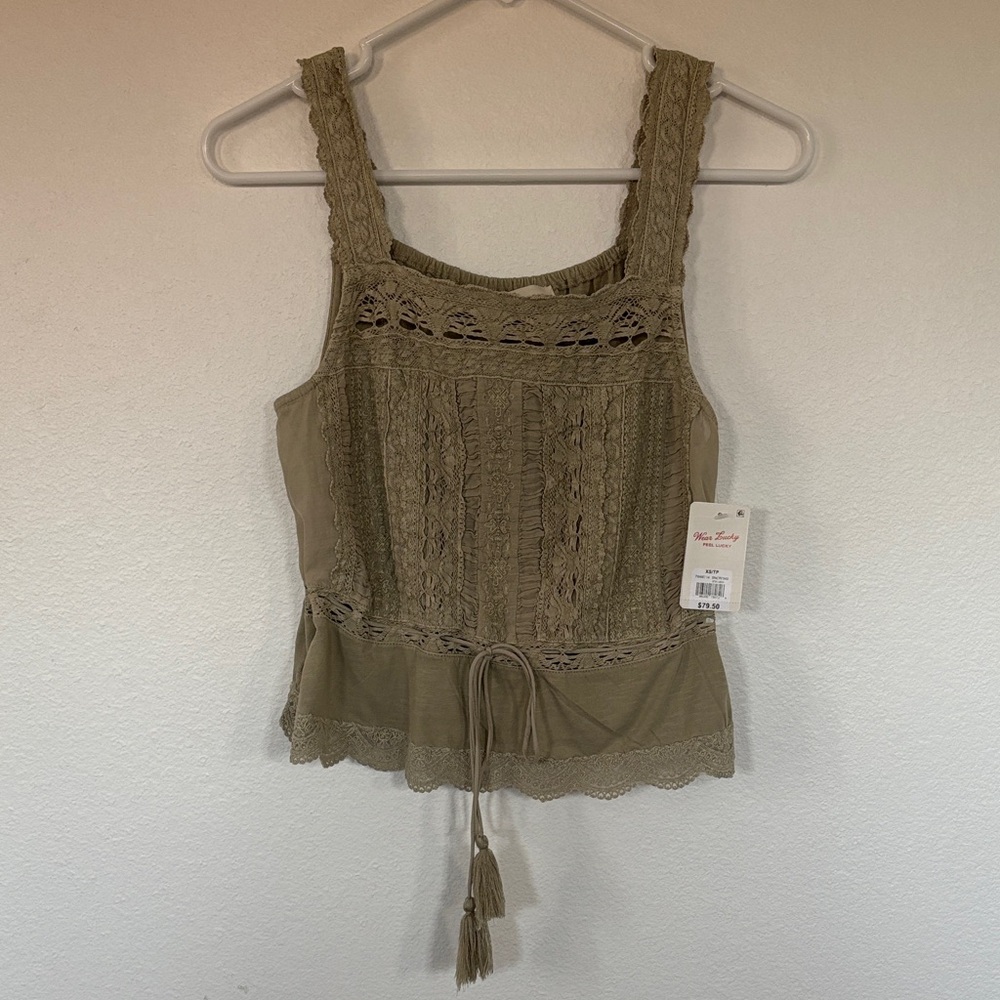 NWT Lucky Brand Light Olive Green Crochet Peplum Tank Embroidery Lace Size XS